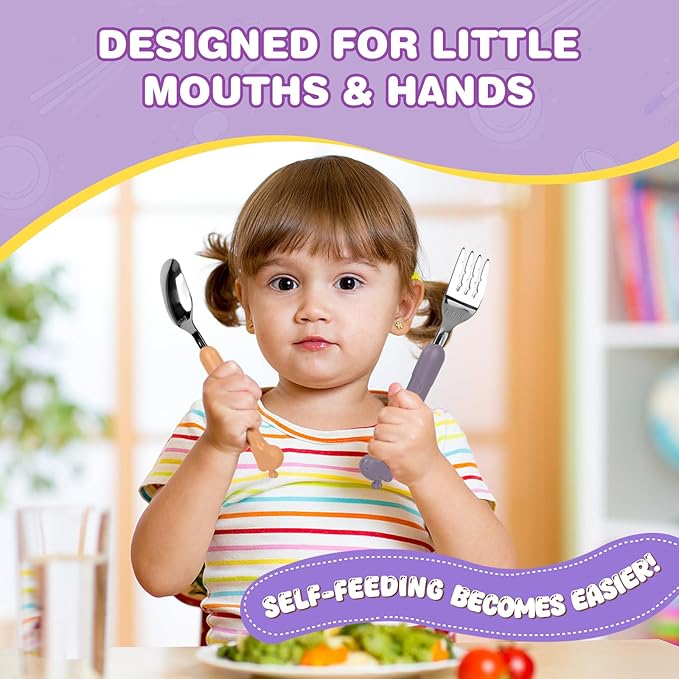 2-Piece Kid Utensils Set, 304 Stainless Steel Kids Fork and Spoon for Self-feeding, Safe Kid Silverware with storage case for School Lunch, Travel & Outdoors, Dishwasher Safe (Purple)