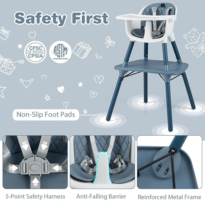 HONEY JOY 5-in-1 High Chair, Convertible Highchair for Babies and Toddlers/Kids Chair Table Set/Infant Feeding Chair w/Safety Harness, PU Leather Cushion & Removable Food Tray (Blue)