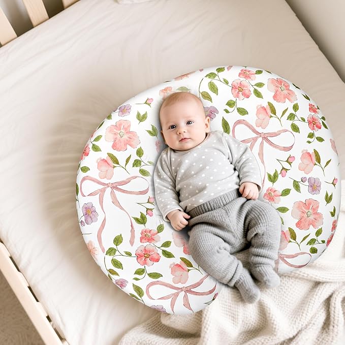 TANOFAR Nursing Pillow Cover, Stretchy Removable Breastfeeding Pillow Cover, Ultra Soft Snug Fits On Newborn Feeding Pillow Case for Baby Girls, Pink Bow