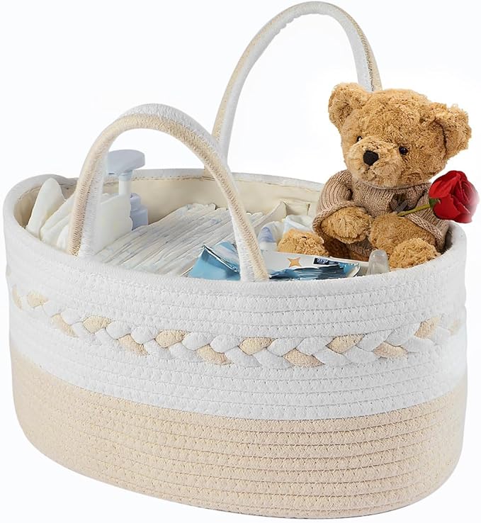 Diaper caddy Organizer, Cotton Rope Gift Basket with Removable Divider, Nursery Storage Organizer for Baby Essentials, Changing Table Diaper Storage Caddy (Brown)
