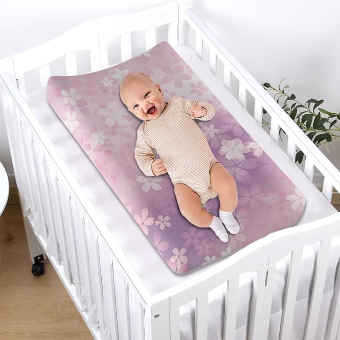 Breathable Diaper Changing Pad Cover for Baby Girls and Boys, Soft Changing Table Sheets 16 * 32 Inches, Pink Cherry Blossom