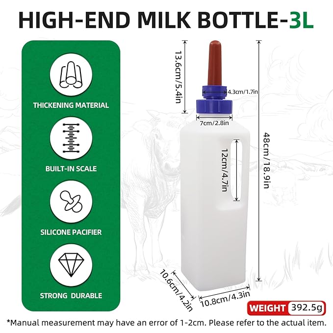 Calf Bottle Nipples Screw on,3L Large Capacity Calf Nursing Bottle for Farm Animals,Double Layered Lid Animal Feeding Calf Bottles and Nipples
