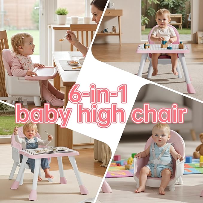 6-in-1 Convertible Baby Highchair, Booster Seat, Toddler Chair & Building Block Table, with Removable Tray, Easy Clean Cushion & 5-Point Harness (Pink)