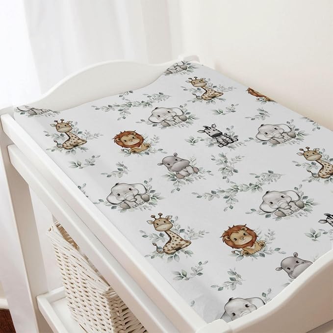 Baby Safari Animals Green Leaves Changing Pad Covers Lion Elephant Giraffe Zebra Hippo Boho Leaf Diaper Change Table Pad Covers for Girl Boy Soft Breathable Stretch Changing Mat Sheets 32''x16''