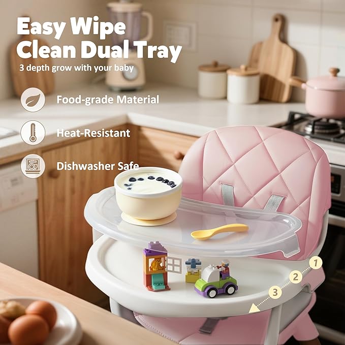 TODEFULL 8 in 1 Wooden High Chairs for Babies Toddlers, Convertible to Booster Seat, Baby Feeding Highchair w/ 5-Point Safety Harness, Removable Tray & Cushion, Pink
