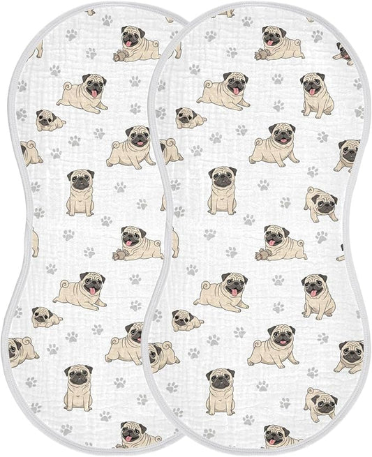 2 Pack Muslin Burp Cloths Pugs Dog Paw White Cotton Baby Burp Cloths Ultra Soft Burping Cloth Absorbent Spit Up Rags for Newborn Boys Girls 22x11 Inch