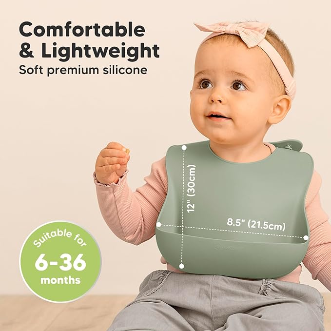 KeaBabies 2-Pack Silicone Bibs for Babies, Toddlers Girl, Boy – Sturdy Food-Grade Baby Bibs for Eating, Large Food Catcher, Clean & Put On Easily, Waterproof Toddler Feeding Essentials (Sage)