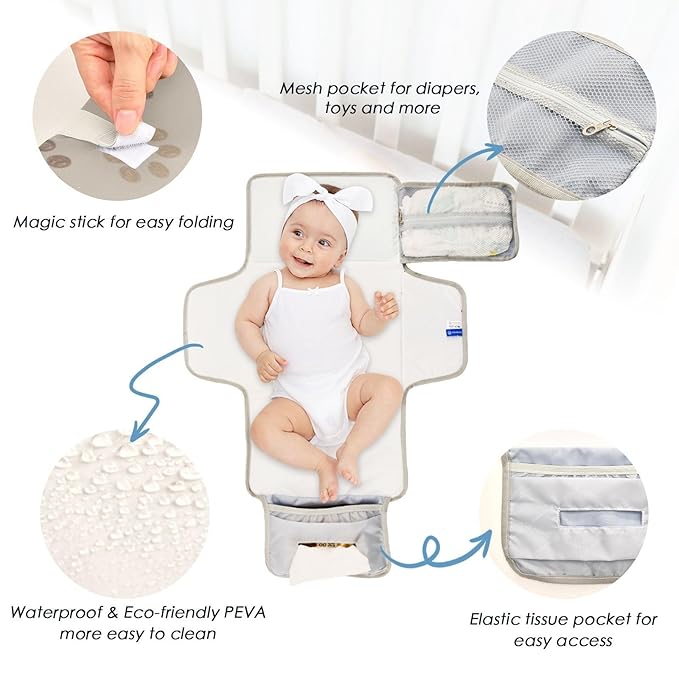 Dog Paws Portable Diaper Changing Pad with Wipes Holder, Brown and White Paw Foldable Baby Diaper Changer Travel Bag Cute Baby Changing Mat with Built-in Pillow for Newborn