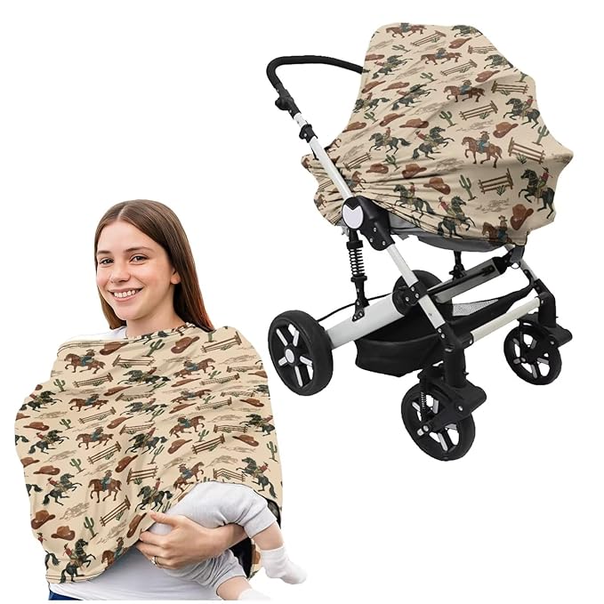 Southwest Tribal Cowboy Carseat Cover with Pillow Case 2 Piece Set, Nursing Breastfeeding Covers, Stretchy Car Seat Canopy+ U Shaped Pillowcase Cushion Protectors