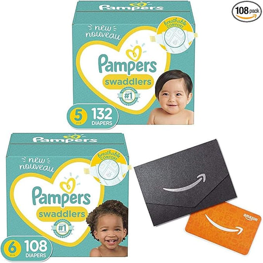 Baby Diapers Size 5, 132 Count - Pampers Swaddlers with Baby Diapers Size 6, 108 Count - Pampers Swaddlers and Amazon.com Gift Card in a Mini Envelope
