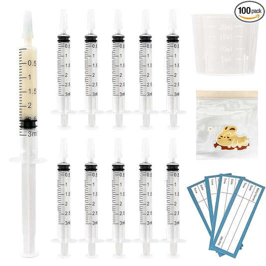 100 Sets 3ml Colostrum Syringes,Colostrum Collector kit Include 100 3ml Syringe with Cap, Sticker, Clear ziplock Bag and a Measuring Cup