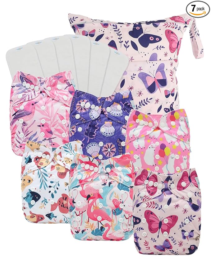 Babygoal Baby Cloth Diaper 6 Pack with 6pcs Inserts and Wet Bag for Fitted Diapers and Prefolds, Adjustable and Reusable Covers for Toddler Boys and Girls