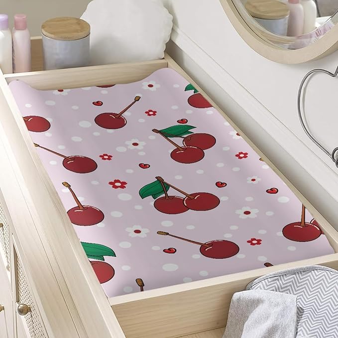 Changing Pad Cover, Cherry with Floral Print Soft Breathable Diaper Changing Table Cover for Baby Boys Girls, Changing Pad Sheets