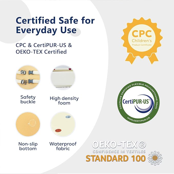 Toddler Booster Seat for Dining Table, Waterproof & Easy-to-Clean PU Cover, Safety Certified, Portable Booster Seat for Kitchen Chairs (Beige - Smile)