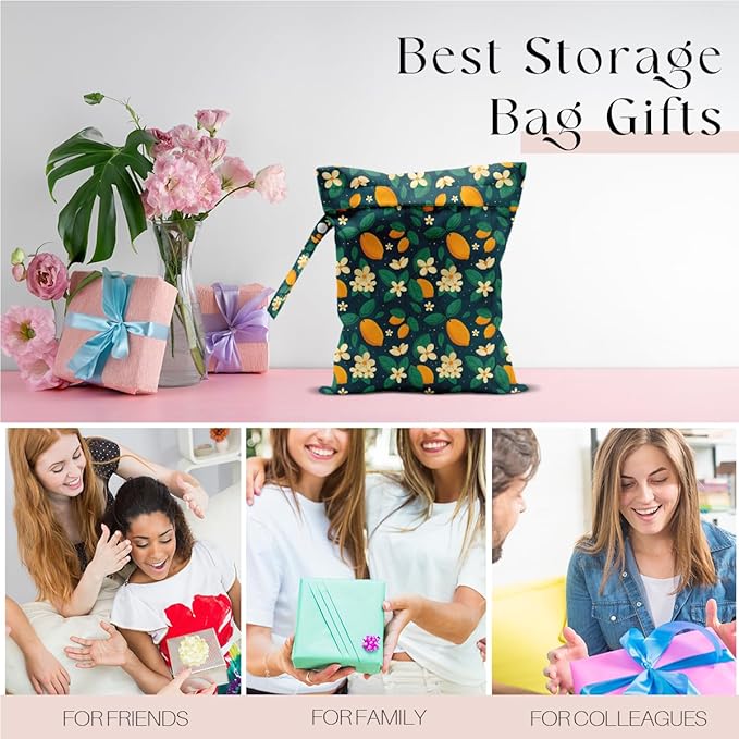 Wet Bag, Wet Dry Bag, Waterproof Swim Bags, Machine Washable Reusable Bags for Beach, Pool, Diapers, and Dirty Yoga Gym Clothes(Green, Summer Fruit Lemon Pattern