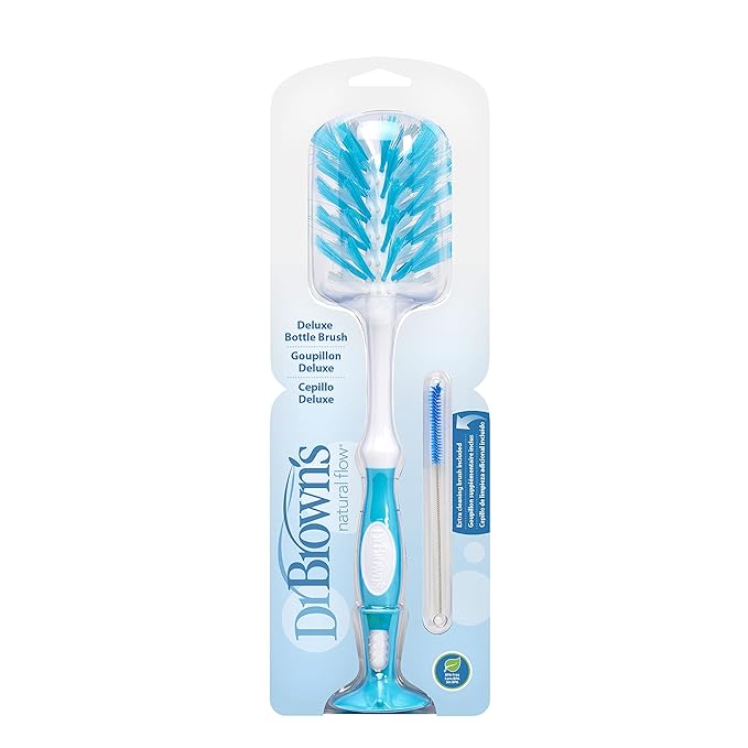 Dr. Brown's Deluxe Bottle Brush for Cleaning Baby Bottles, Nipples, and Sippy Cups with Suction Cup Stand and Vent Brush, BPA-Free, Blue, 3-Pack