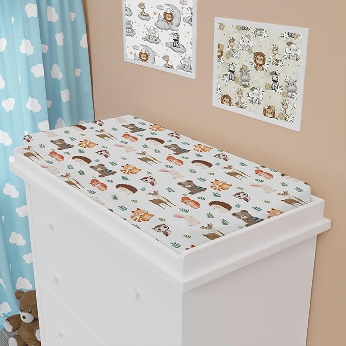 Cartoon Animals Leaves Changing Pad Cover Cute Bear Raccoon Squirrel Deer Rabbit Hedgehog Owl Change Table Cover for Boys Girls Soft Stretch Fitted Diaper Changing Mat Sheets 32''x16''