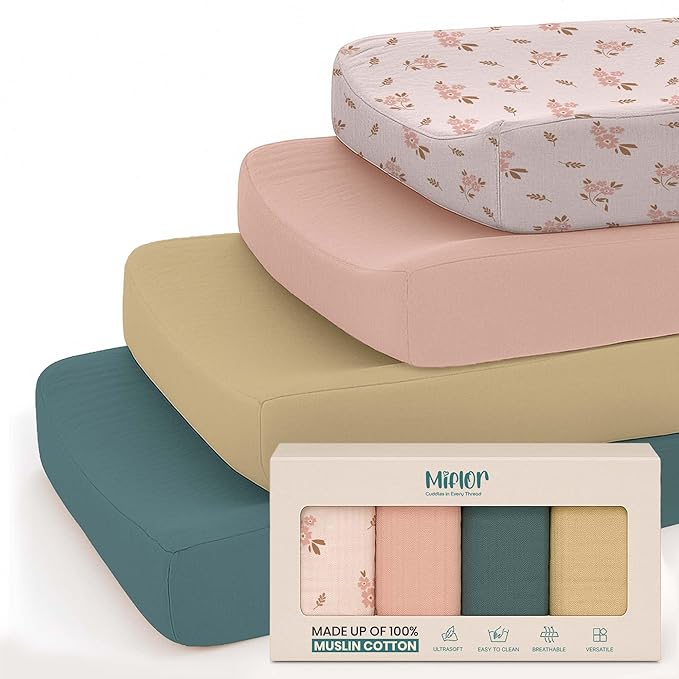 Mi Flor 4 Pack Muslin Changing Pad Cover 16x32x5 inches – Ultra Soft CPC Certified Baby Changing Table Cover with Elastic Corners, 360° Fit, Lightweight, Breathable, Fits Most Changing Pads