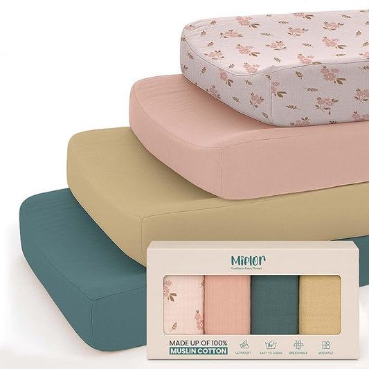 Mi Flor 4 Pack Muslin Changing Pad Cover 16x32x5 inches – Ultra Soft CPC Certified Baby Changing Table Cover with Elastic Corners, 360° Fit, Lightweight, Breathable, Fits Most Changing Pads