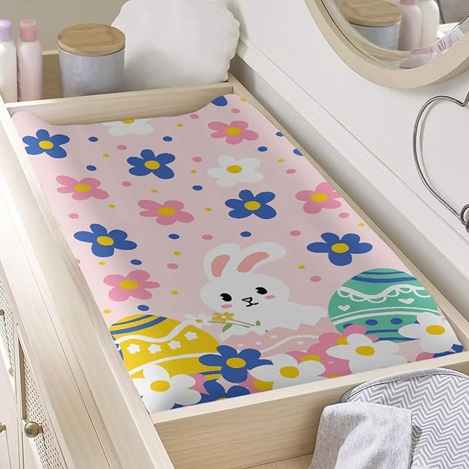 Easter Eggs Changing Pad Cover Baby Girls Boys Pink Diaper Change Table Sheet Rabbit Cover Soft Stretchy Changing Table Covers Mat Sheet Cover Soft Breathable