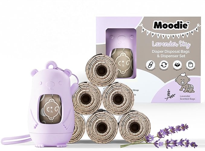 Moodie Disposable Diaper Bags Dispenser COMBO PACK |105 LAVENDER SCENTED Baby Poop Bags TOTAL & 1 Diaper Disposal Bag Dispenser | Dirty Diaper Trash Bags on the Go