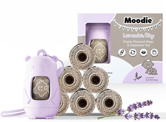 Moodie Disposable Diaper Bags Dispenser COMBO PACK |105 LAVENDER SCENTED Baby Poop Bags TOTAL & 1 Diaper Disposal Bag Dispenser | Dirty Diaper Trash Bags on the Go