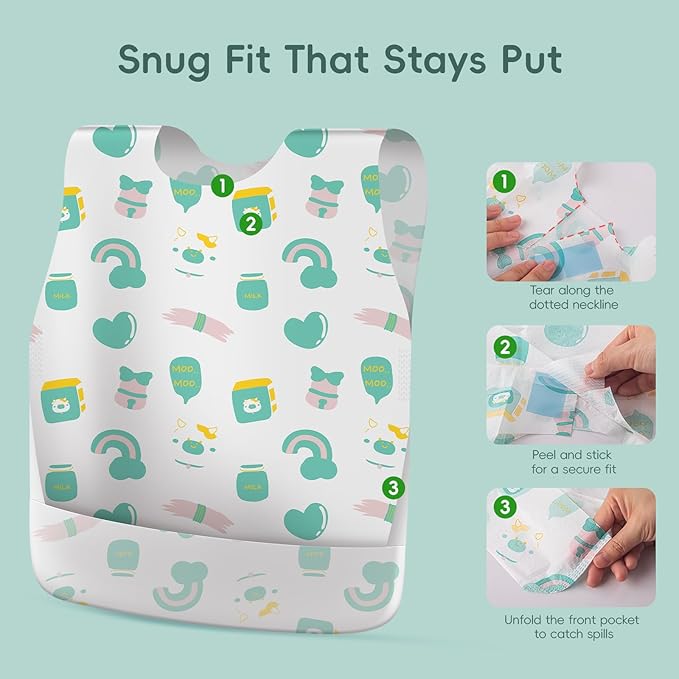 KIIS Disposable Baby Bibs, Waterproof Smock Bibs, Full Coverage for Toddlers & Kids, Mess-Free Feeding for Travel & Daycare