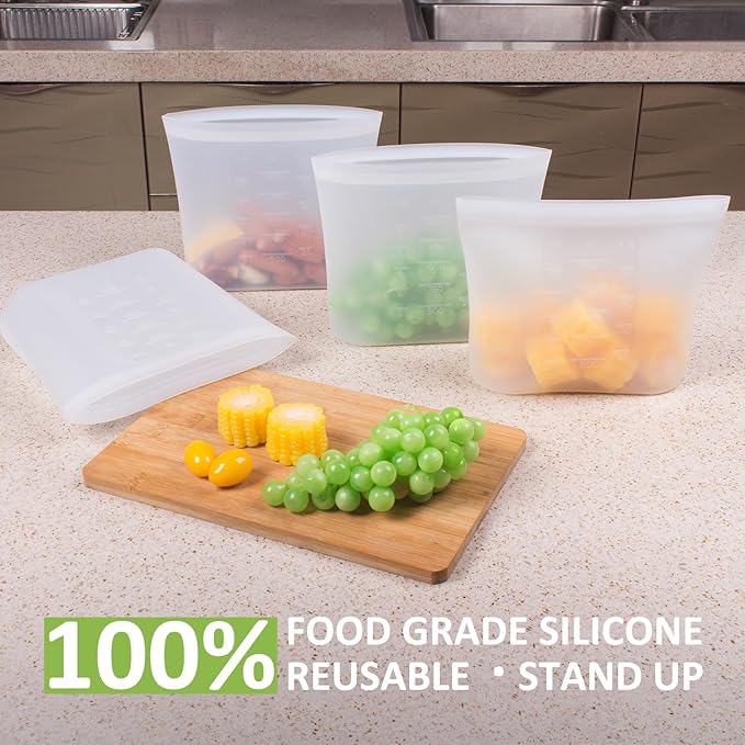 Bundle of 4 Pack 100% Silicone Reusable Food Storage Bags 33.8oz Translucent + 4 Pack 100% Silicone Reusable Food Storage Bags 50.7oz Translucent