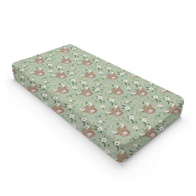 Farm Highland Cow Floral Flowers Leaves Baby Changing Pad Cover, Unisex Western Cow Nursery Diaper Changing Table Pad Mat Sheet for Boys Girls-16x32