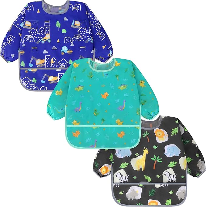 Accmor 3 Pack Long Sleeve Bibs, Baby Smock Waterproof Sleeved Bib Smock for Baby Toddler 6-36 Months