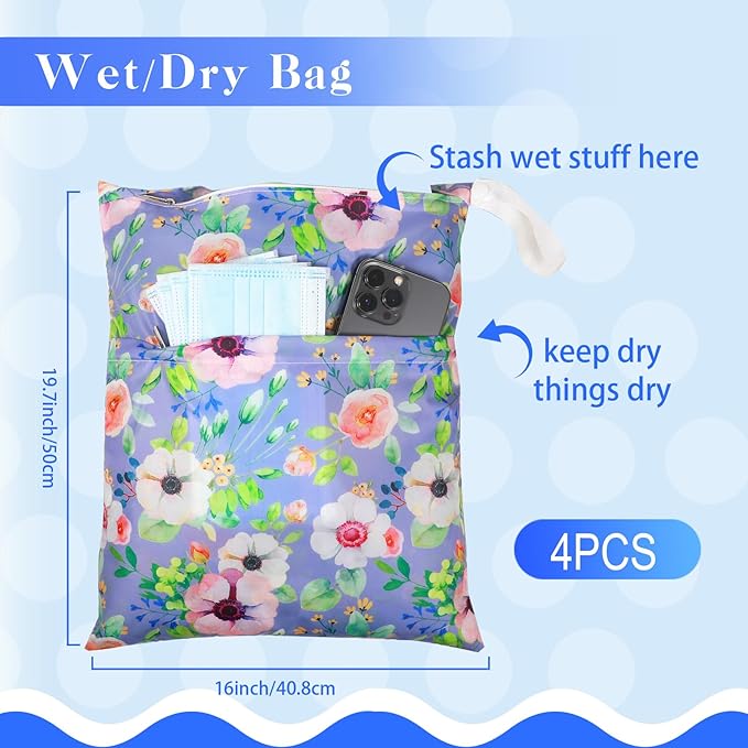 Frienda 4 Pcs Large Waterproof Wet Dry Bag for Baby Swimsuit 20x16 inches Reusable Washable Travel Diaper Bag Sealed with Handle for Travel Beach Gym Clothes and Toiletries Pool(Flower Style)