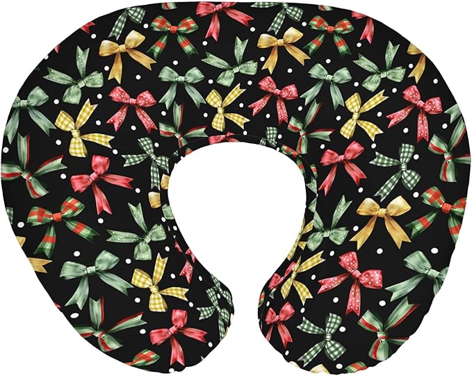 Christmas Bows Baby Nursing Pillow Covers for Boy Girl Winter Bows Plaids Nursing Pillow Slipcovers for Breastfeeding Pillows Girly Christmas Ribbons Soft Stretchy Removable Covers for Newborn Infant