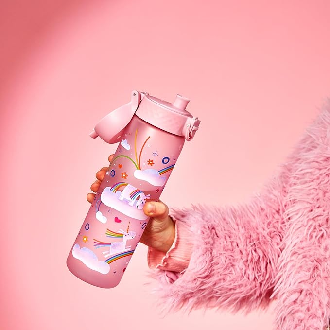 Ion8 Water Bottle, 500 ml/18 oz, Leak Proof, Easy to Open, Secure Lock, Dishwasher Safe, BPA Free, Flip Cover, Carry Handle, Easy Clean, Odor Free, Carbon Neutral, Pink, Unicorn Rainbows Design