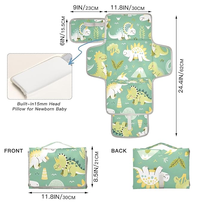 Cute Dinosaurs Portable Diaper Changing Pad - Waterproof Foldable Baby Diaper Changing Pad with Built-in Pillow, Travel Diaper Changing Mat for Newborn Baby
