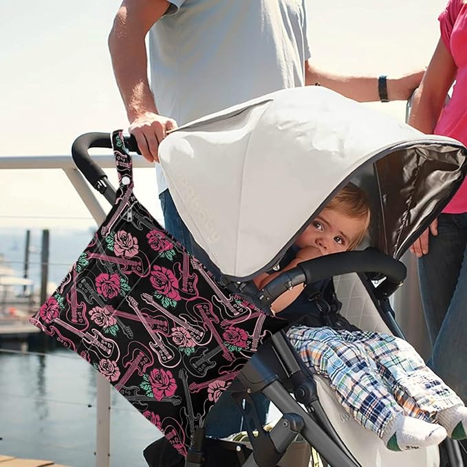 visesunny Guitar and Rose Floral 2Pcs Wet Bag with Zippered Pockets Washable Reusable Roomy Diaper Bag for Travel,Beach,Daycare,Stroller,Diapers,Dirty Gym Clothes,Wet Swimsuits,Toiletries