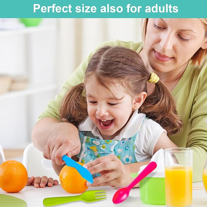 Jawbush 20 Pcs Kids Plastic Utensils Kids Forks and Spoons Set, Reusdable Toddler Silverware Cutlery Set with Bright Colors Ideal for School Lunch Box or Travel, Size also for Adults, BPA Free