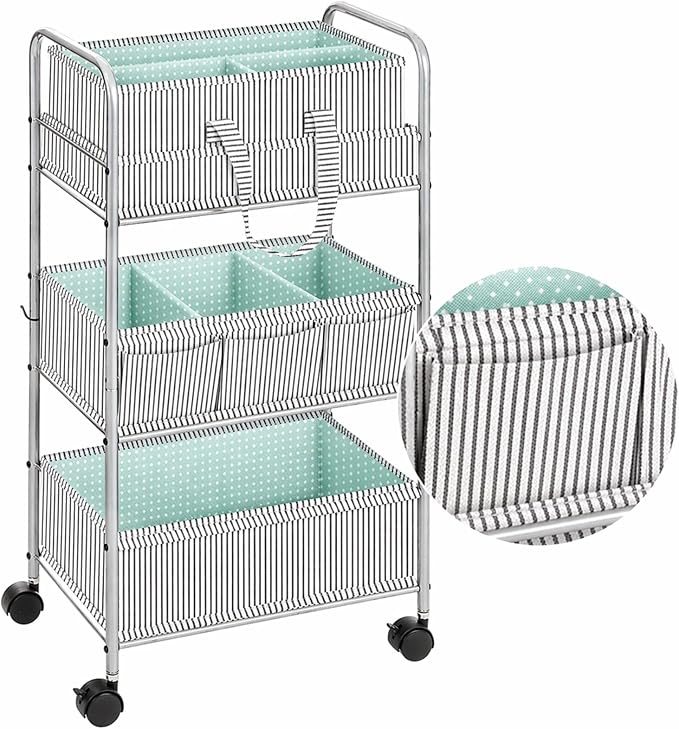 WILLBOND 2 in 1 Baby Diaper Caddy Organizer Cart, 3 Tier Large Stripe Bedside Rolling Cart Metal for Baby Essential with Divider for Newborn Registry Must Have Nursery Bedroom Mother Gift(Green)