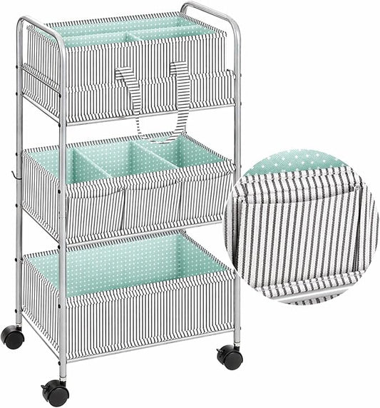WILLBOND 2 in 1 Baby Diaper Caddy Organizer Cart, 3 Tier Large Stripe Bedside Rolling Cart Metal for Baby Essential with Divider for Newborn Registry Must Have Nursery Bedroom Mother Gift(Green)