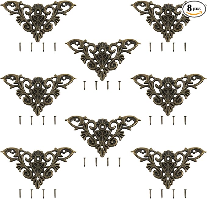 8PCS Retro Bronze Decorative Corner Protectors Decorative Metal Trim Vintage Relief Pattern for Cabinets Jewelry Boxes and Photo Frames