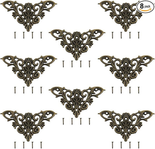 8PCS Retro Bronze Decorative Corner Protectors Decorative Metal Trim Vintage Relief Pattern for Cabinets Jewelry Boxes and Photo Frames