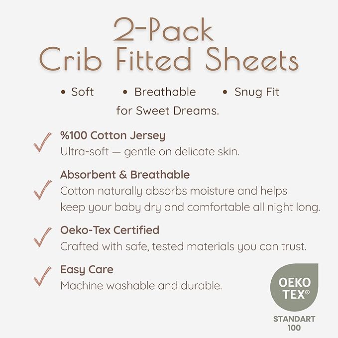 Fitted Crib Sheets for Boys and Girls, 2 Pieces 52"x28" 100% Cotton Crib Mattress Sheet, Absorbent Baby and Toddler Bed Sheets, Mattress Cover OEKO-TEX Cribs Sheet Set, Green Woodland Neutral Gift Set