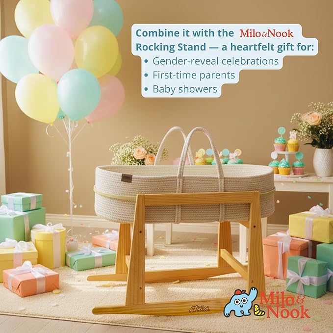 Milo & Nook Baby Changing Basket with Pad – Soft Cotton Moses Basket, Waterproof Liner & Soft Cover, Portable Changing Basket for Newborn Nursery, Machine-Washable Cover