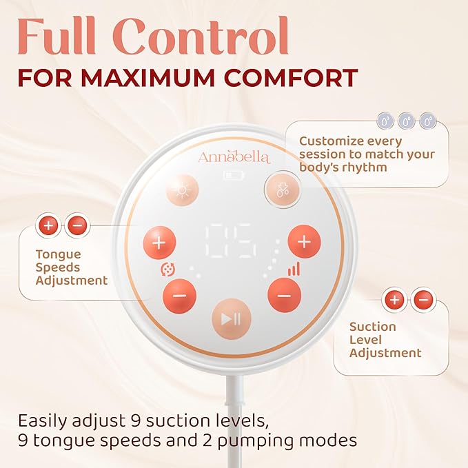 Annabella Double Breast Pump with Hands Free Pumping Bra - Innovative Baby Tongue Simulation Electric Breast Pump, Adjustable Shield (18–24mm), Quiet, Comfortable & Portable