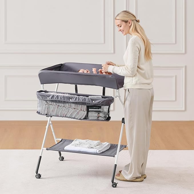 VEVOR Baby Changing Table, Foldable Diaper Change Station with Side Basket, Adjustable Height Changing Table with Lockable Wheels, Multi-Functional Nursery Storage Organizer, Dark Gray