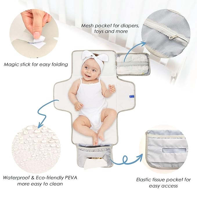 Portable Diaper Changing Pad Travel Baby Changing Mat Waterproof Diaper Changing Mat Foldable Lightweight Baby Changer with Built-in Pillow Cat Faces Brown