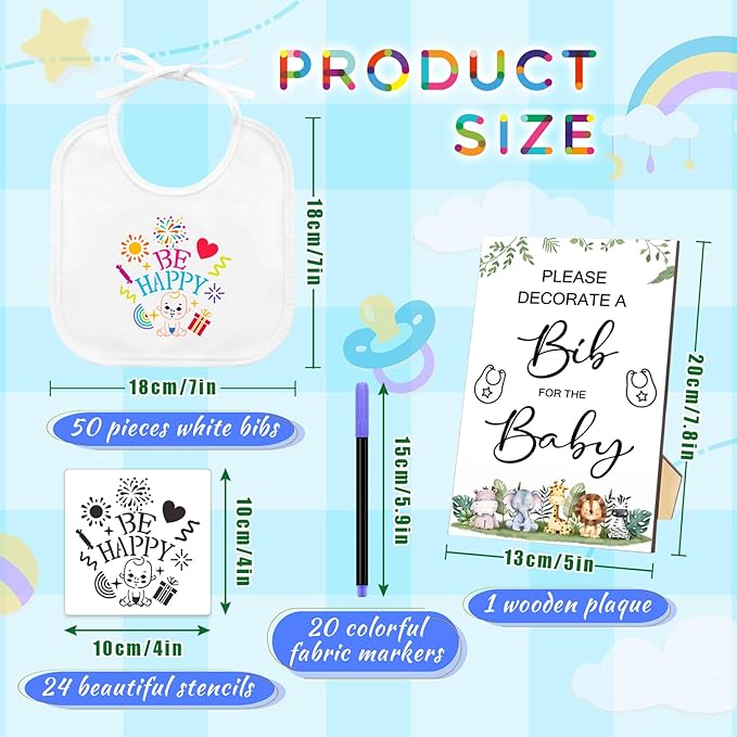 SytuHe 95 Pcs DIY Baby Bibs Decorating Kit50 White Bibs 24 Stencils 20 Fabric Markers 1 Baby Shower Game Sign