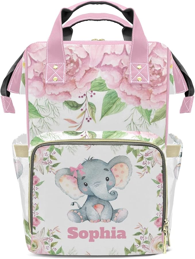 Pink Rose Elephant Diaper Bag Backpack Tote Custom with Name Multifunction Waterproof Travel Back Pack Diaper Bag Gifts Backpack for Men Women 10.8"x7.8"x15.7"