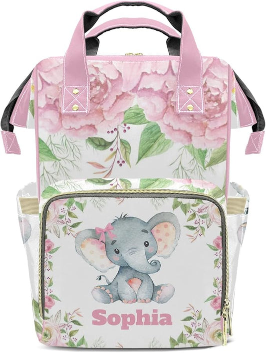 Pink Rose Elephant Diaper Bag Backpack Tote Custom with Name Multifunction Waterproof Travel Back Pack Diaper Bag Gifts Backpack for Men Women 10.8"x7.8"x15.7"