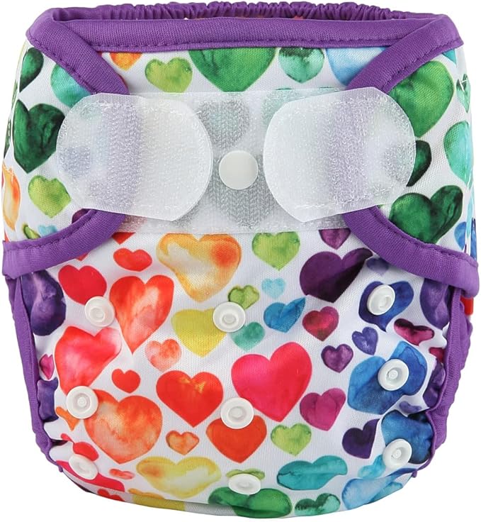 Baby Cloth Diaper Cover Nappy Hook and Loop Double Gusset 6.6lbs to 33lbs (Rainbow Hearts)