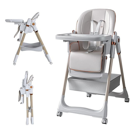 White Convertible Height Toddler High Chair with Lockable Wheels, Portable Foldable Baby Feeding Seat with Tray, Adjustable Highchair Easy Clean for Babies and Toddlers Ages 0-6 Years